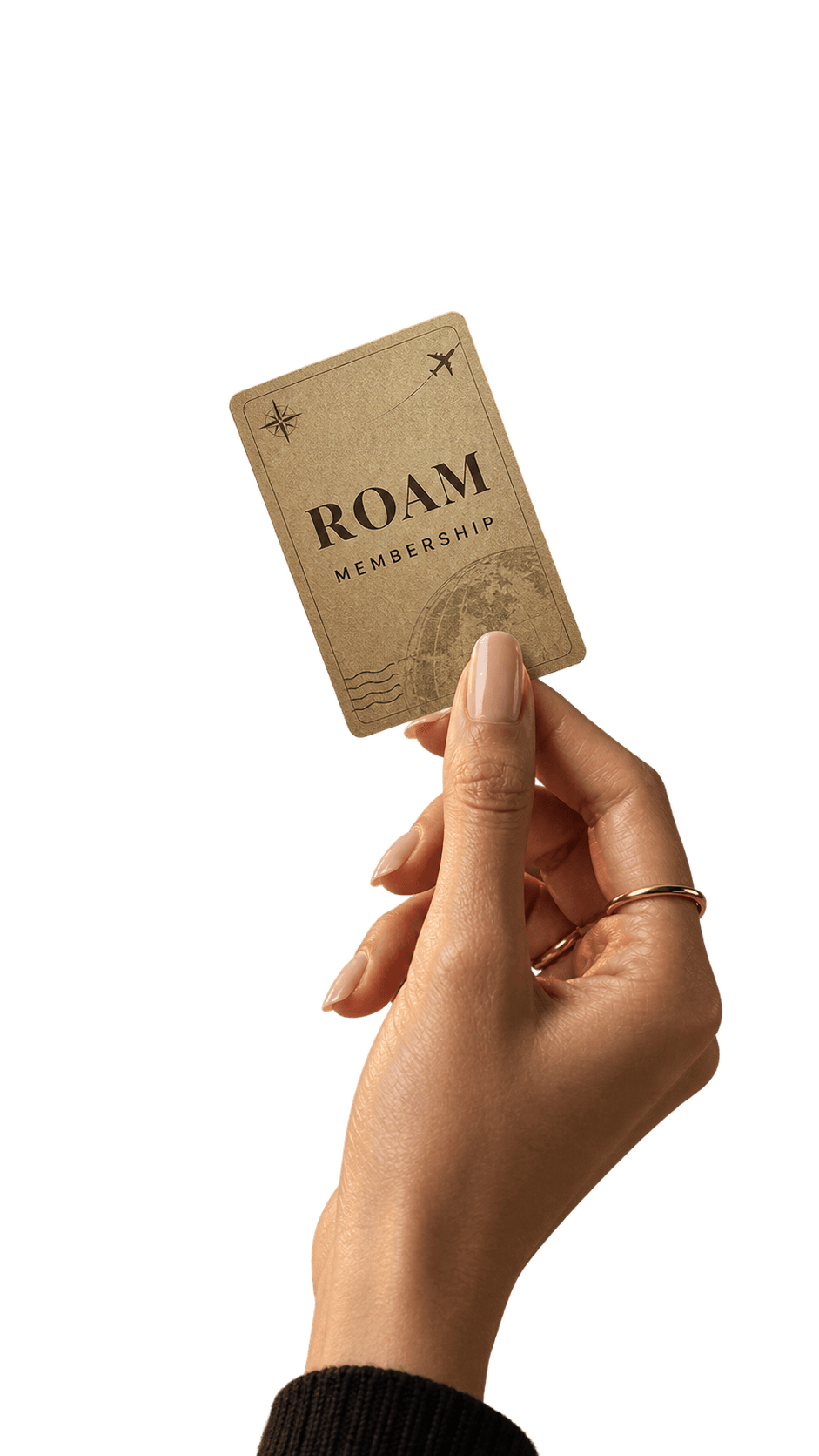A hand holding up a Roam membership card